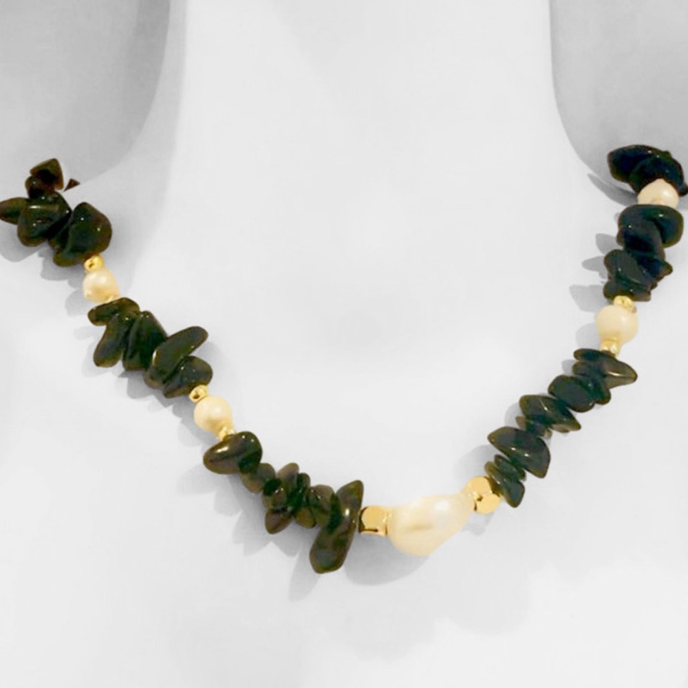 Natural Gemstone Black Obsidian and Biwa Pearl 18 inches Necklace